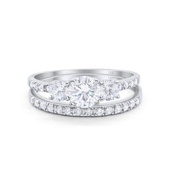 14K White Gold Round Three Stone Piece Wedding Bridal Set Ring Band Engagement Simulated CZ Size-7